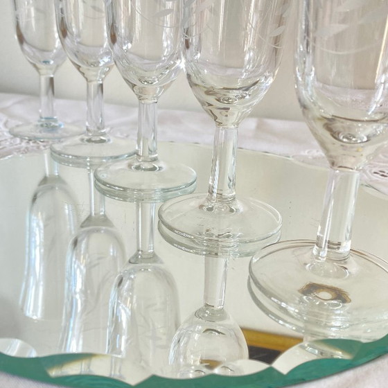 Image 1 of 6 Antique Engraved Glass Champagne Flutes