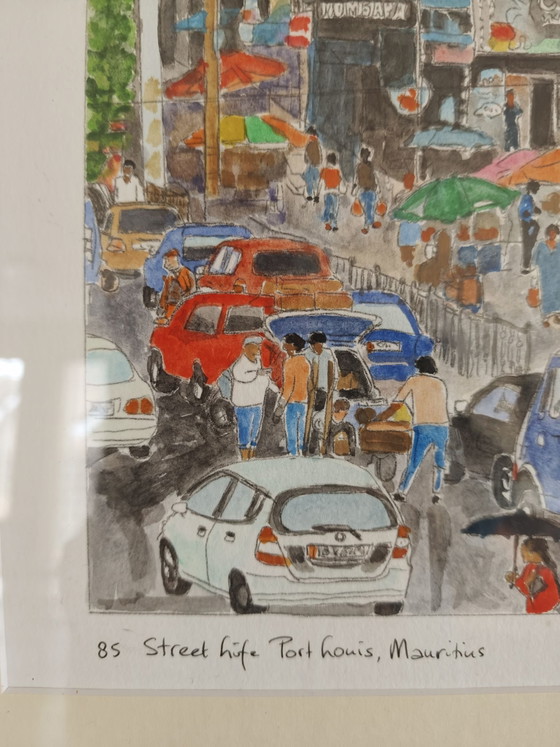 Acquerello "Street life Port Louis Mauritius", Dipinti e disegni, Carta, Multicolore (foto 6 di 8)