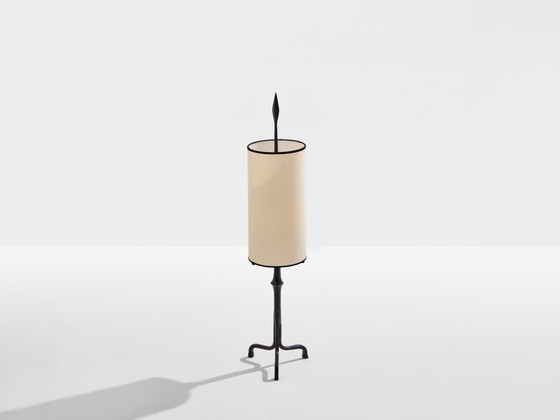 Francis Dewaele & Les Artisans de Marolles smeedijzeren lamp 1955, Tafellampen, Metaal, Textiel, Zwart (foto 9 van 10)