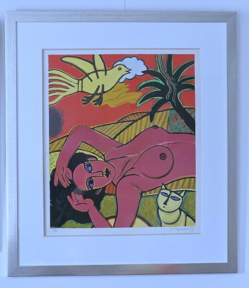 Corneille - Rosa Frau mit Vogel und Katze - Signiert - 1994