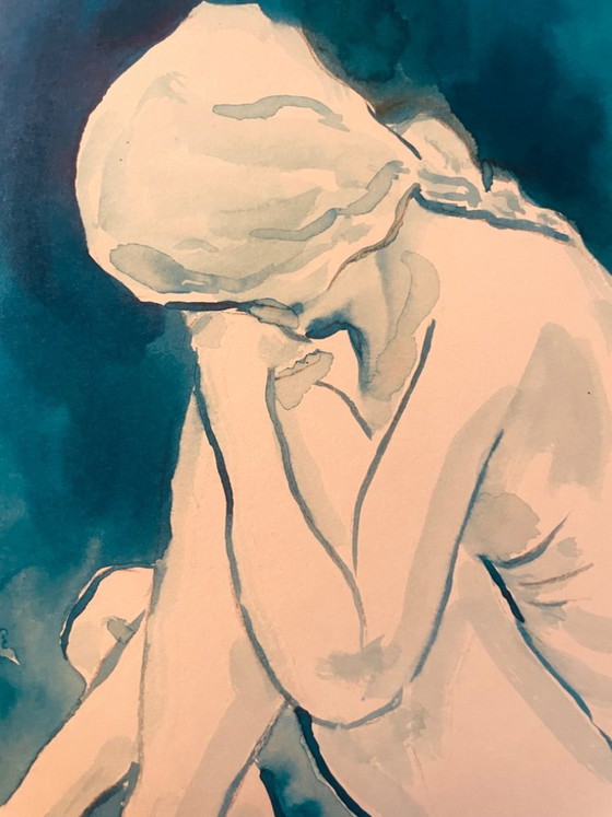Image 1 of Set of 2 monochrome blue watercolor portraits of a woman, "blueTime"