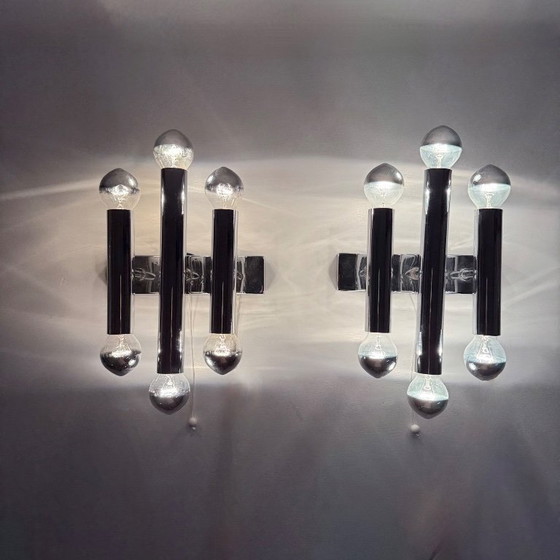 Image 1 of Paar Gaetano Sciolari Wandlampen Leuchter Chrom Rohr , 1970er Jahre