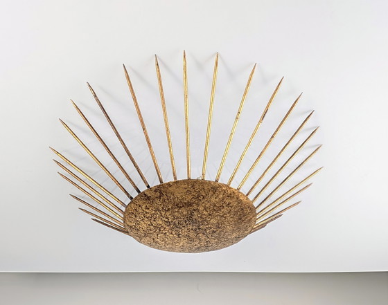 Image 1 of Sunburst Pendant Lamp Hammered Gilt, Neoclassical Style 1970s