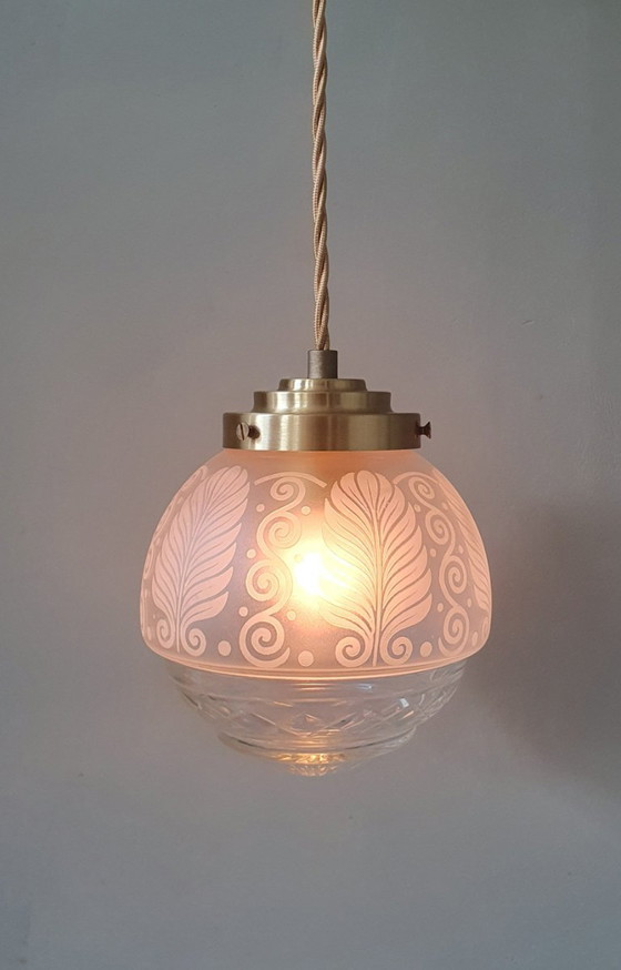 Vintage Bollamp / Hanglamp - Geslepen Glas (Ge-etst) Met Frosted Decoratie – Hanglampen, Metal (photo 11 of 15)