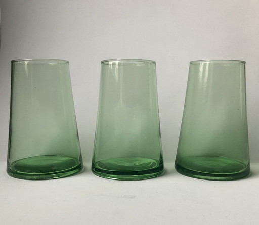 3x green flared water glasses