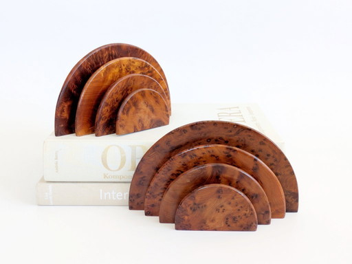 Pair Art Deco Burl Wood Letter Holder Bookends Midcentury Desk Organizer Set