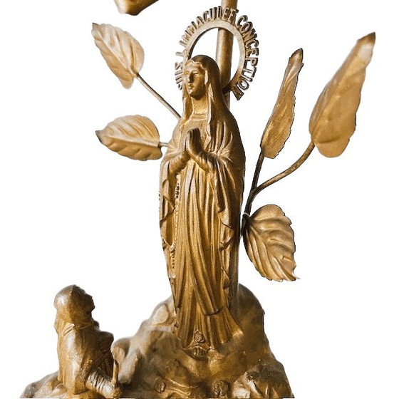 Image 1 of Lampe souvenir de Lourdes en laiton antique, boîte à musique Maria, style religieux, années 1910