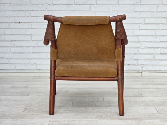 Image 1 of Ensemble de fauteuils de café danois des années 1970, en rotin et tissu nubuck.