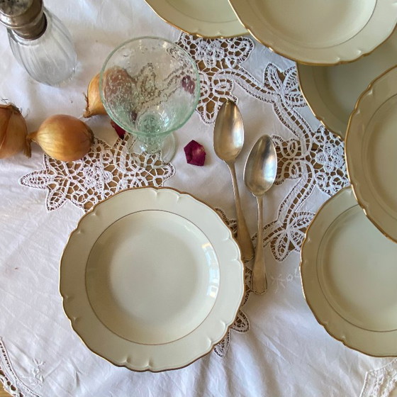 Image 1 of Set of 6 antique off-white porcelain soup plates with gold rim, Limoges ULIM
