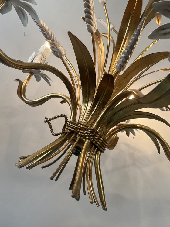 Image 1 of Vintage original design Hans Kögl chandelier pendant lamp gold wheat ears Coco Chanel style
