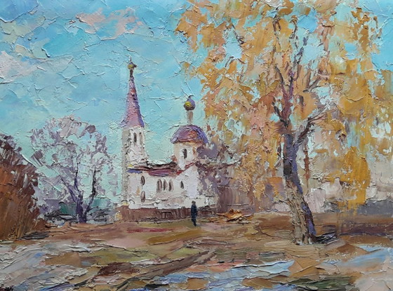 Dipinto a olio originale Paesaggio invernale con un tempio – Dipinti e disegni, Tela (photo 5 of 8)