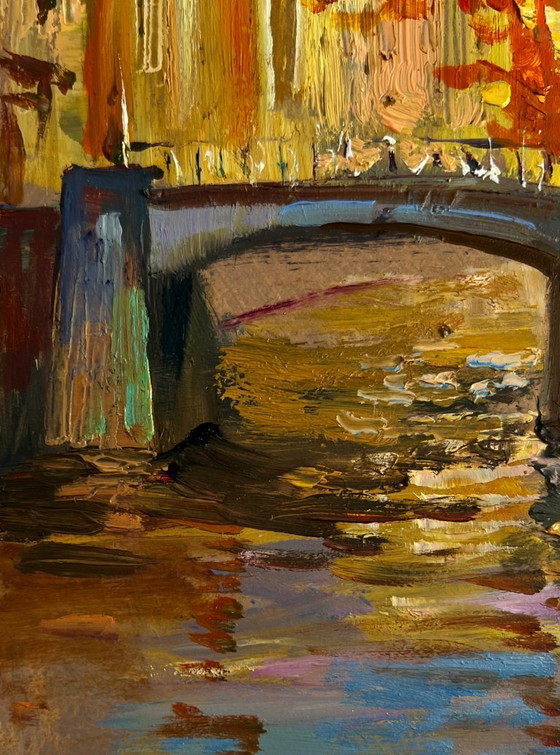 Image 1 of Original Oil Painting Evening River Landscape Autumn city park