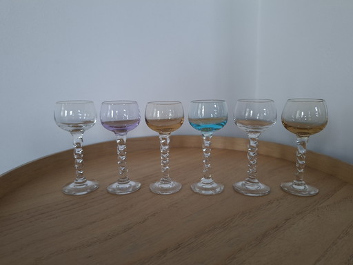 Set of 6 Vintage Liqueur Glasses – Rainbow Colors – Twisted Stem – 10 cm