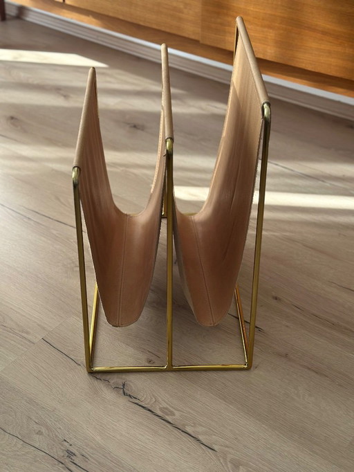 Magazine holder / magazine rack Blizz - Double - Cognac leather/gold