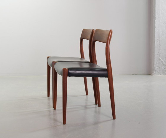 Image 1 of Mid-Century Scandinavian Niels Otto Moller Teak Wooden Dining Chairs with Black Leather Upholstery, Model 77. Set of 4.