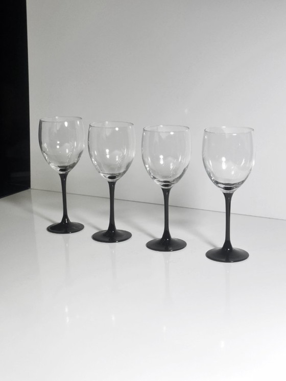 Image 1 of 4x Vintage Luminarc Wine Glasses 80s Black Goblet Chalice Art Deco Revival