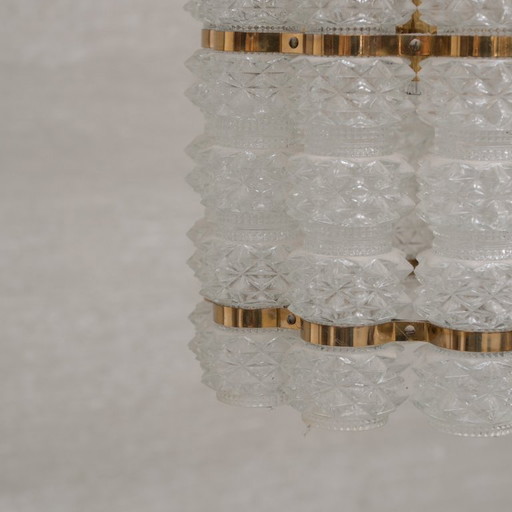 Swedish Mid-Century Brass and Glass Chandelier by Orrefors for Tyringe