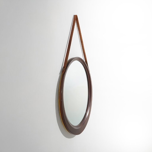 Ronde wandspiegel met leren band, jaren 60 – Glass, Leather (photo 2 of 13)