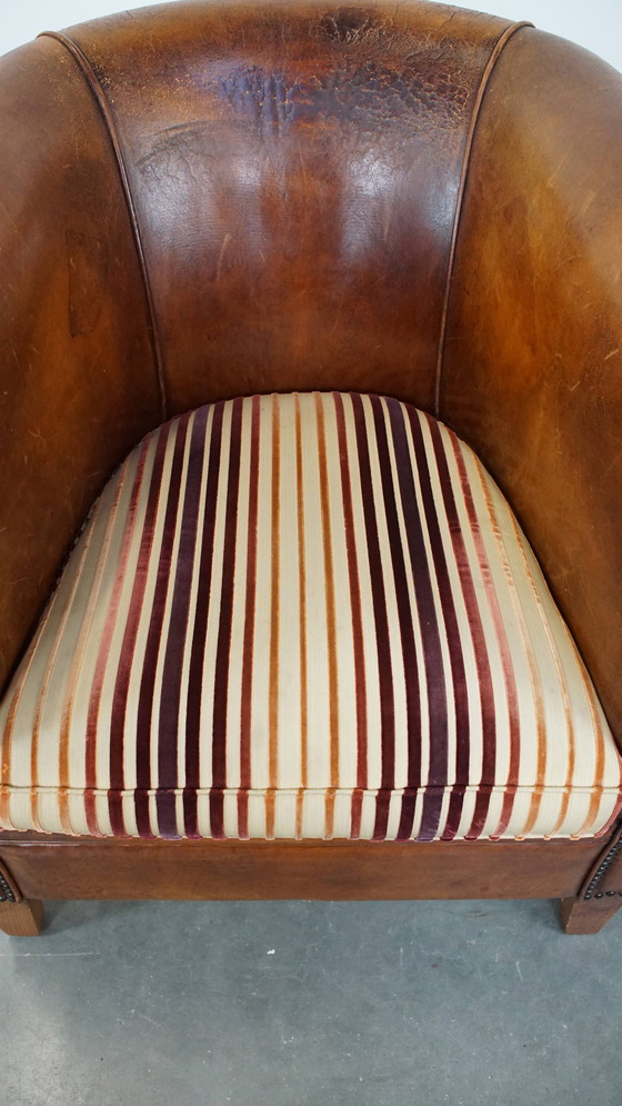 Image 1 of Vintage Cognac-Kleurige Clubfauteuil Gemaakt van Schapenleer