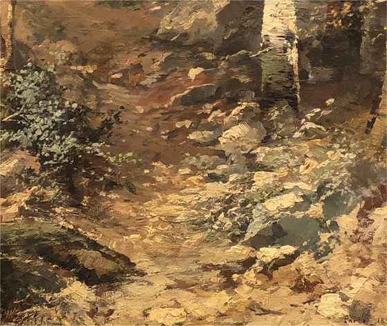 Image 1 of Huile sur toile ancienne signée, paysage de sous-bois 1893, cadre doré