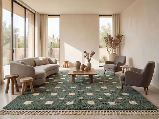 Image 1 of Handmade Berber rug in pure wool, green and white, size 250x150 cm