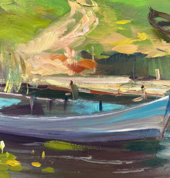Image 1 of Peinture à l'huile originale représentant un paysage côtier estival et un village avec un ferry.