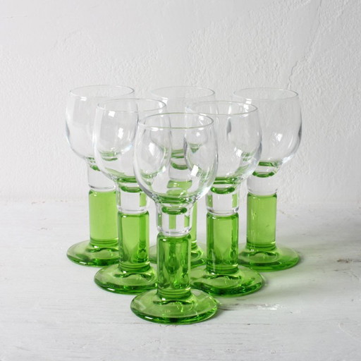 Set of 6 Vintage Limoncino Liqueur Glasses / Green Stem Shot Glasses Bormioli / Italy / 1970s