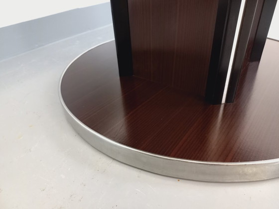 Image 1 of Table ronde de repas vintage en bois d’ébène et métal chromé style Space Age / Diner des années 70 avec rallonge intégrée