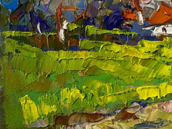 Image 1 of Original Oil Painting Day Village Landscape As the snow melts early spring comes
