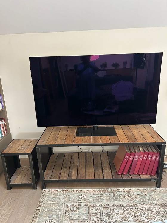 Image 1 of Industriële tv-standaard en bijzettafel - Micheli Design - Eikenhout en staal