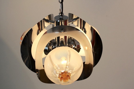 Geometric Chrome and Frosted Glass Chandelier by A.V. Mazzega, Murano Glass (photo 6 of 7)