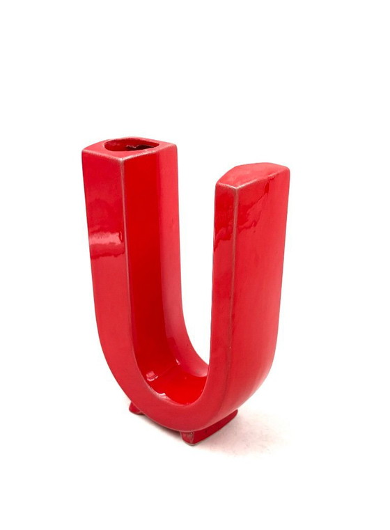 Image 1 of Jarrón solifleur de cerámica en forma de letra U roja de la era espacial, Marcel Radureau ca. 1970