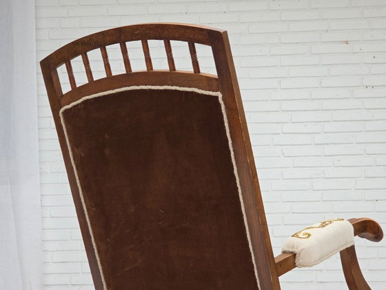 Image 1 of Dänischer Schaukelstuhl mit hoher Rückenlehne aus den 1930er Jahren, original handgewebte Wolle, Eschenholz.