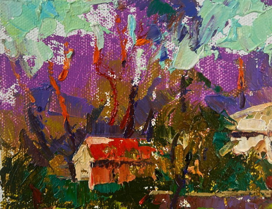 Image 1 of Original Oil Painting Sunset Village Landscape Spring evening in the light of the sky