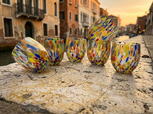 Set di 6 bicchieri in vetro soffiato veneziano con murrine Effetre Murano fuse nel vetro, hand made in italy.