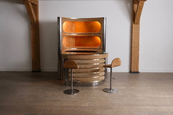 Image 1 of Mobile bar in pelle scamosciata e cromo con sgabelli color cognac, progettato da Willy Rizzo, Italia, anni '70.