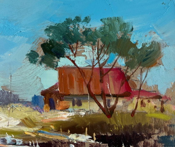 Image 1 of Original Oil Painting Summer Village Landscape Sailboats on the shore