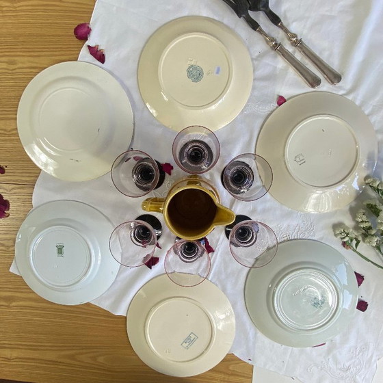 Image 1 of Set of 6 mismatched ironstone dinner plates, antique Sarreguemines earthenware, Choisy le Roi Boulenger Saint Amand