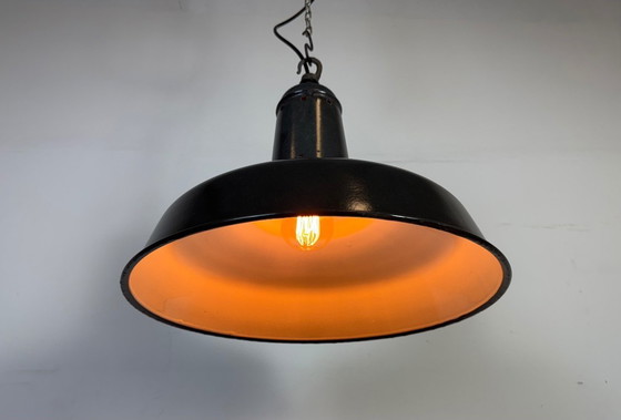 Image 1 of Industriële Franse donkergrijze geëmailleerde fabriekshanglamp, jaren 60