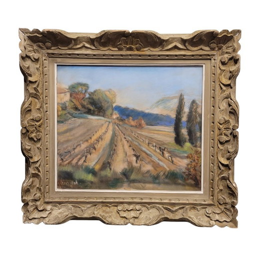 Pintura al pastel “Viñedo en la Provenza”, Escuela Francesa, p. s. XX – Francia