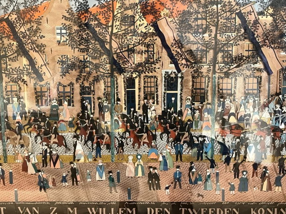 Image 1 of "Doortogt van Koning Willem II door Purmerend"; Knipselkunst schilderij uit de 19e eeuw