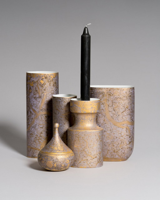 Helmut Drexler for Rosenthal – 5-Piece Porcelain Set– *Goldfeuer* Series in Violet Grey and Gold