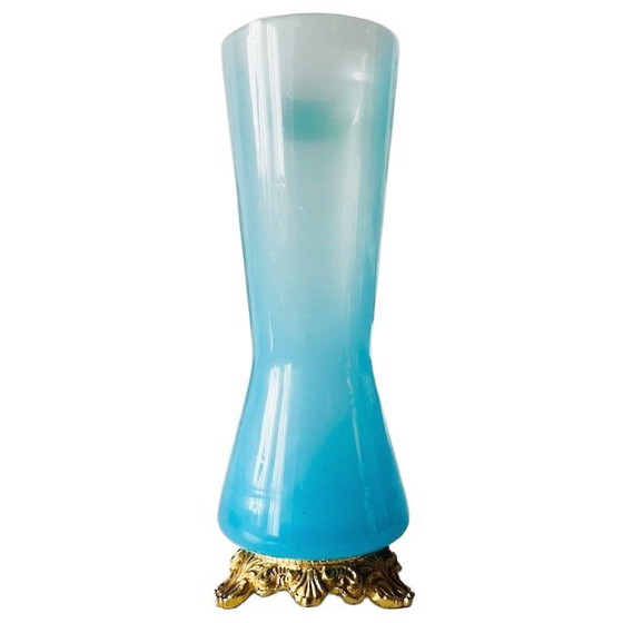 Image 1 of Vase vintage en verre opalin de Murano avec base dorée bleue, années 1970