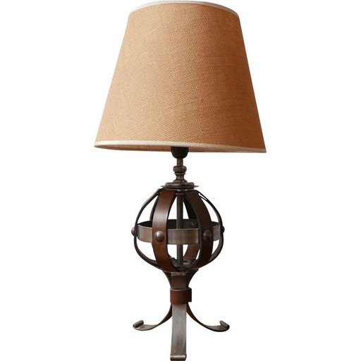 Mid century leather and iron table lamp by Jean-Pierre Ryckaert, France 1950s