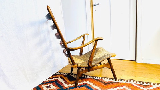 Image 1 of De Ster Gelderland landelijke brutalist midcentury kersenhouten stoel met rieten zitting