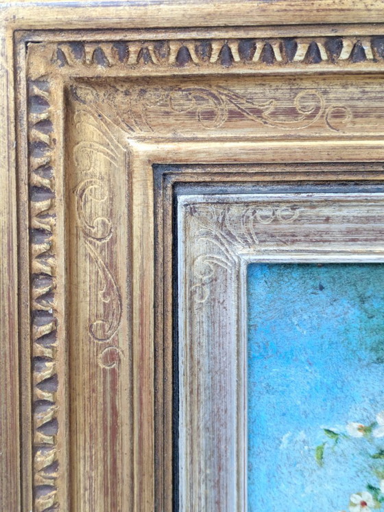 Image 1 of Peinture à l'huile florale ancienne sur toile dans un cadre doré orné, signée par l'artiste