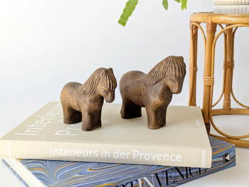 Pair of Midcentury Stoneware Horse Figurines, Mare and Foal | Scandinavian Style