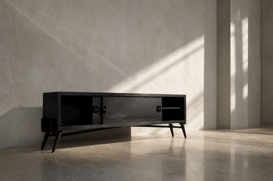 Image 1 of Vintage Mid-Century Modern Scandinavian Dark Oak Sideboard with Wooden & Metal Handles, 1960s