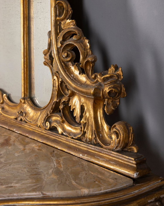 Antique classic style console table in wood decorated with mirror from the late 19th century, Gold (photo 4 of 21)