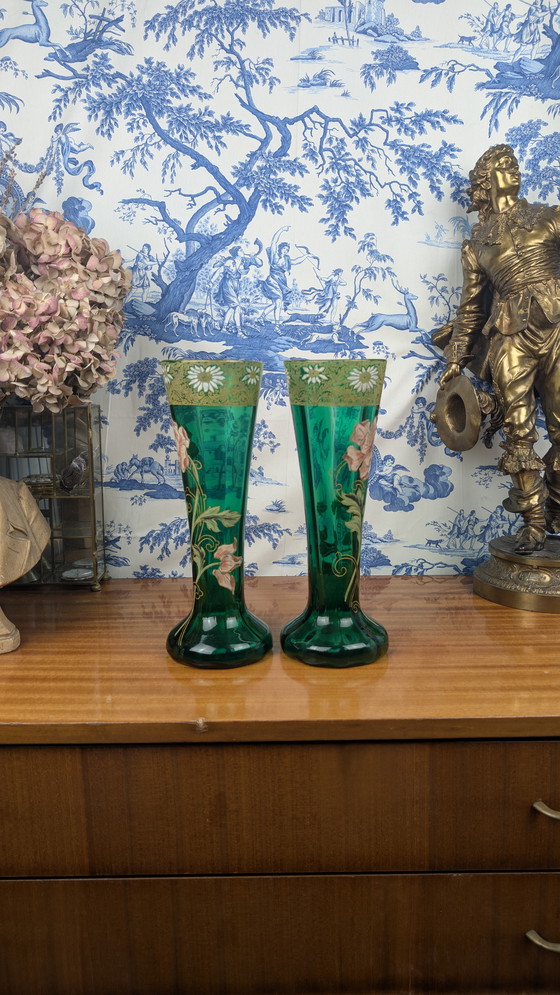 Image 1 of Coppia di vasi in vetro smaltato verde con fiori Art Nouveau di Legras-Montjoye